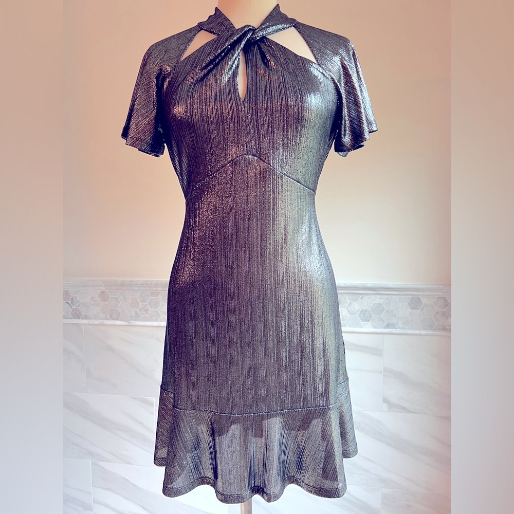 Michael Kors Stretch Metallic Flatter Sleeves Neck Details Dress